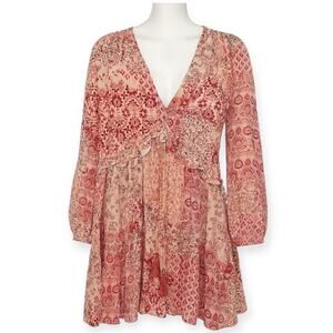 Zara Boho Patchwork Floral Dress Pink Red Long Sleeve Tassel Tie Mini Sz Small